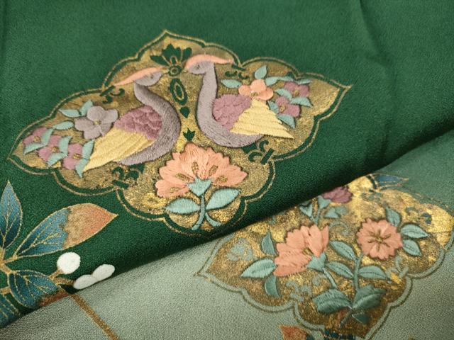 平和屋着物●訪問着 刺繍 向かい鳥南天文 暈し染め 金彩 ロング丈 正絹 逸品 CABK8118ut