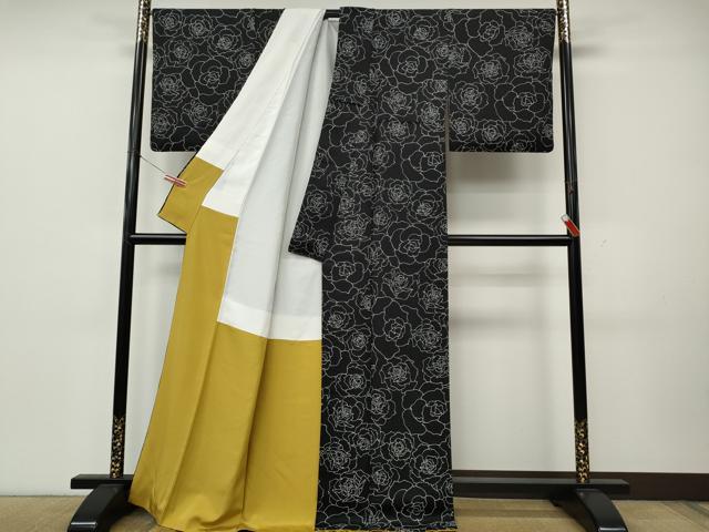 平和屋着物●上質な小紋 薔薇 黒地 正絹 逸品 CABK8120ut