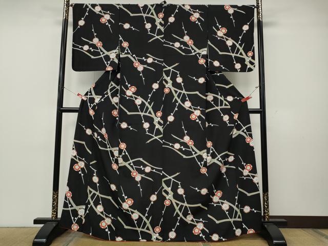 平和屋着物●上質な小紋 枝花文 黒地 正絹 逸品 CABK8141ut