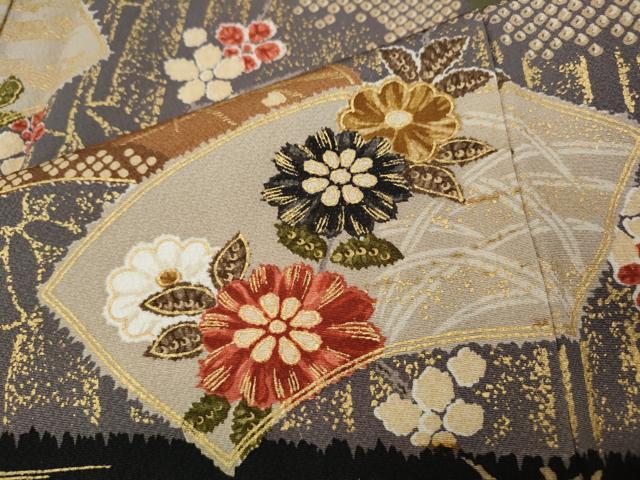 平和屋着物●訪問着 地紙枝花文 暈し染め 黒地 金彩 正絹 逸品 CABK8151ut