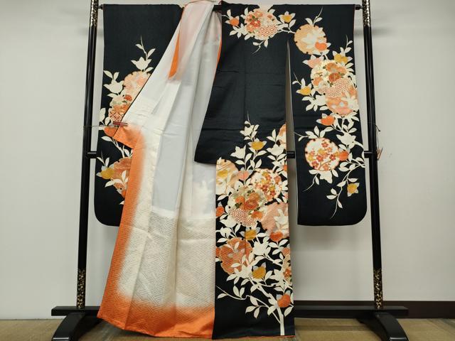 平和屋着物●豪華振袖 駒刺繍 雪輪枝花文 黒地 金彩 正絹 逸品 CABK8195ut