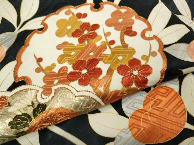 平和屋着物●豪華振袖 駒刺繍 雪輪枝花文 黒地 金彩 正絹 逸品 CABK8195ut