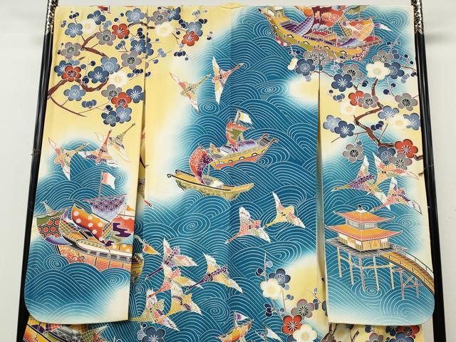 平和屋着物●豪華振袖 型染め 船飛鶴枝梅文 暈し染め 正絹 逸品 CABK8210ut