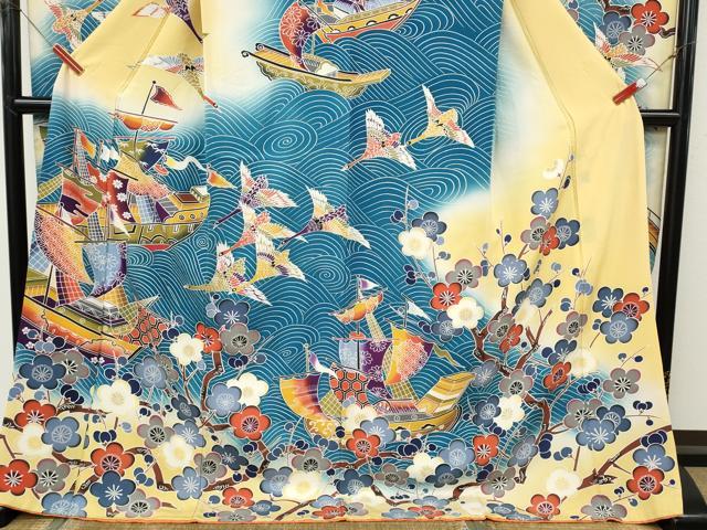 平和屋着物●豪華振袖 型染め 船飛鶴枝梅文 暈し染め 正絹 逸品 CABK8210ut