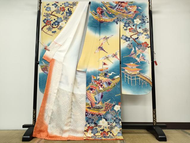 平和屋着物●豪華振袖 型染め 船飛鶴枝梅文 暈し染め 正絹 逸品 CABK8210ut