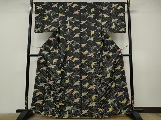 平和屋着物●上質な小紋 型染め 飛鶴文 黒地 銀通し地 正絹 逸品 CABK8243ut