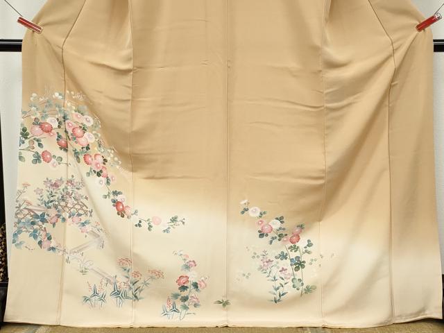 平和屋着物●訪問着 友禅 竹垣草花文 暈し染め ロング丈 正絹 逸品 CABK8250ut