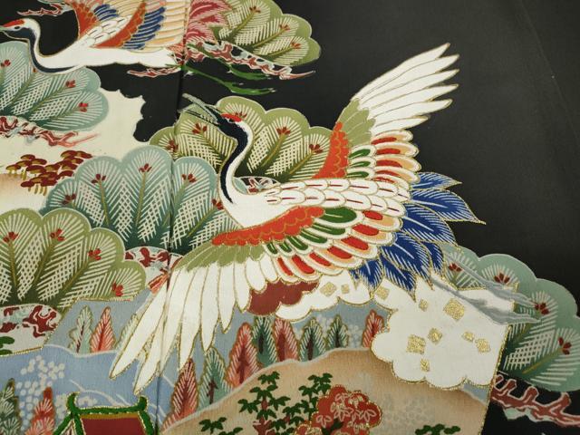 平和屋着物●アンティーク 大正ロマン 黒留袖 地紙飛鶴風景花文 金彩 正絹 逸品 CABK8341ut