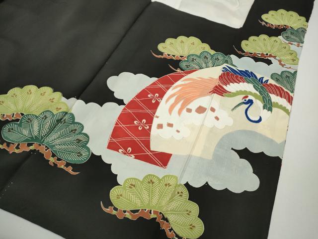 平和屋着物●アンティーク 大正ロマン 黒留袖 地紙飛鶴風景花文 金彩 正絹 逸品 CABK8341ut