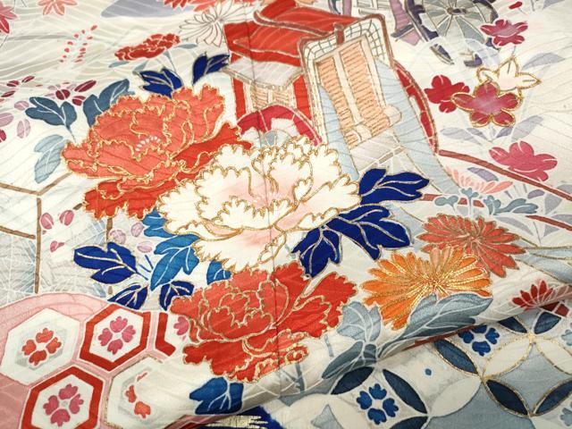 平和屋着物●豪華振袖 駒刺繍 御所車鴛鴦花文 金彩 高島屋扱い 正絹 逸品 CABK8361ut
