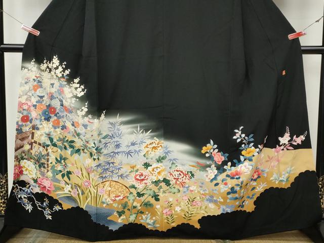 平和屋着物●豪華黒留袖 友禅 作家物 流水草花文 暈し染め 正絹 逸品 CABK8373ut