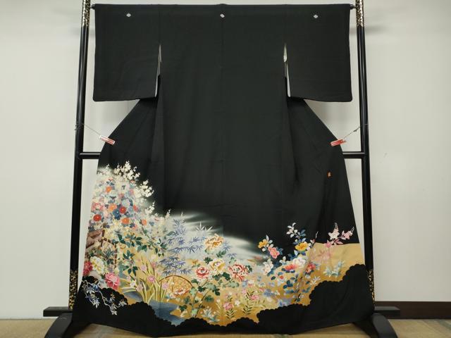 平和屋着物●豪華黒留袖 友禅 作家物 流水草花文 暈し染め 正絹 逸品 CABK8373ut
