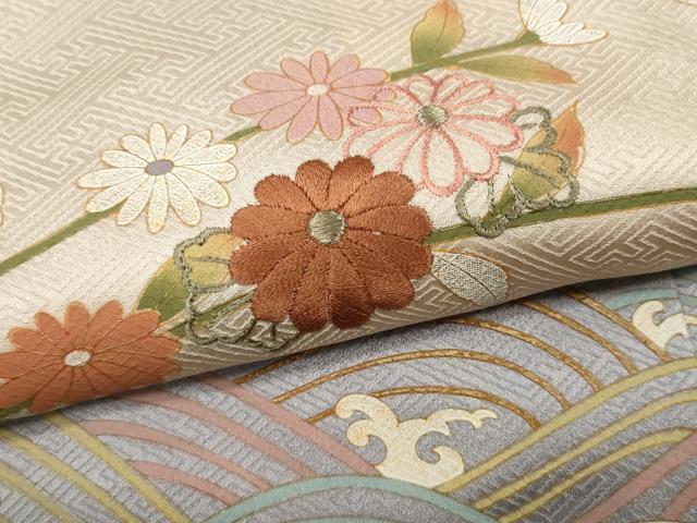 平和屋着物●中国三大刺繍 スワトウ刺繍 汕頭刺繍 訪問着 雪輪立波花文 暈し染め 金彩 正絹 逸品 CABK8390ut