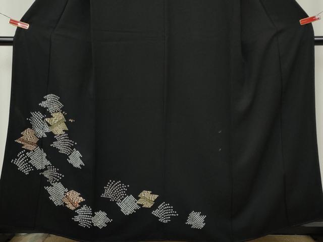 平和屋着物●訪問着 絞り 刺繍 松皮菱花文 黒地 金彩 正絹 逸品 CABK8391ut
