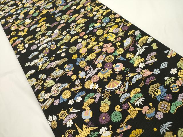 平和屋着物●六通柄袋帯 唐織 宝 黒地 金糸 正絹 逸品 CABK8405dy