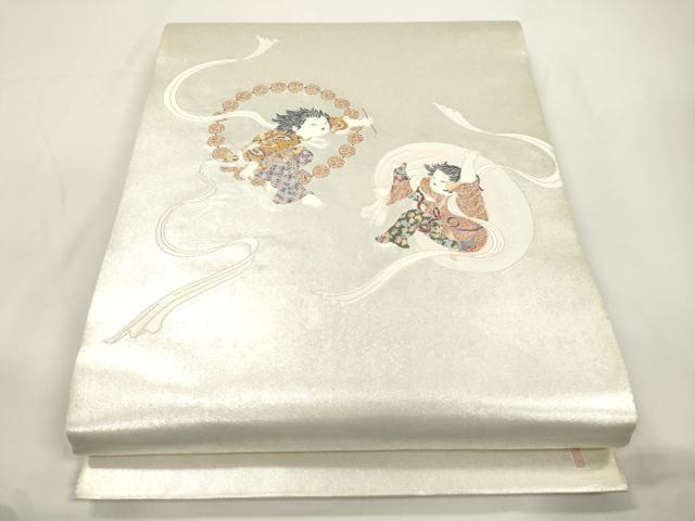 平和屋着物●西陣 長嶋成織物 ながしま帯 加賀友禅の巨匠 初代 由水十久 太鼓柄袋帯 風神雷神 瀞銀錦 銀座おゝぎ屋扱い 正絹 CABK8412dy