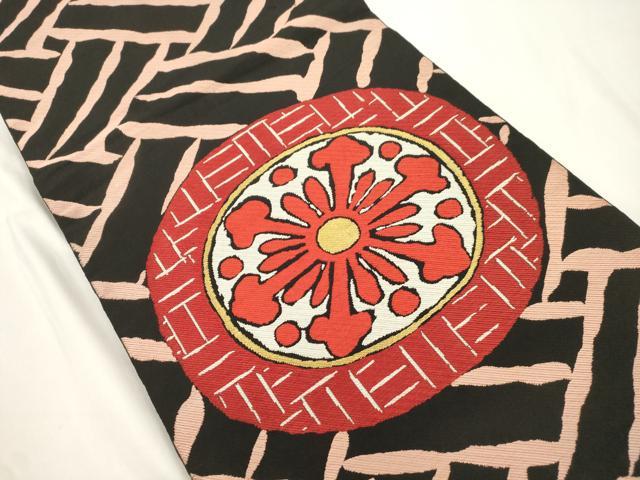 平和屋着物●六通柄 本袋帯 幾何学文 黒地 金糸 正絹 逸品 CABK8420dy