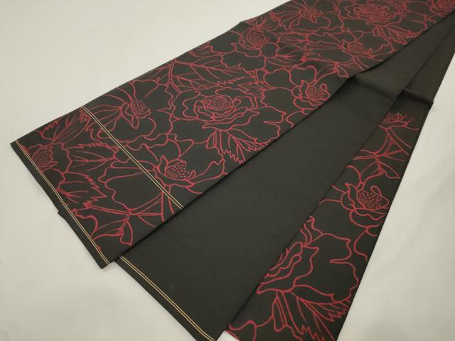 平和屋着物●六通柄 本袋帯 草花文 黒地 正絹 逸品 CABK8426dy