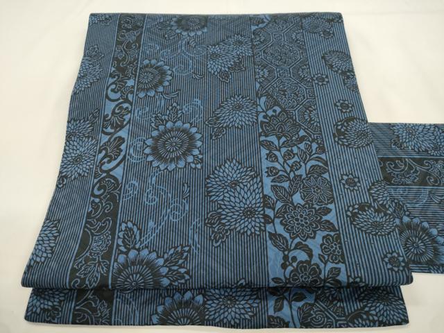 平和屋着物●全通柄九寸名古屋帯 藍 型染め 更紗花唐草文 正絹 逸品 CABK8434dy