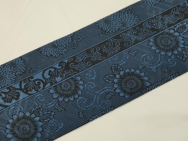 平和屋着物●全通柄九寸名古屋帯 藍 型染め 更紗花唐草文 正絹 逸品 CABK8434dy