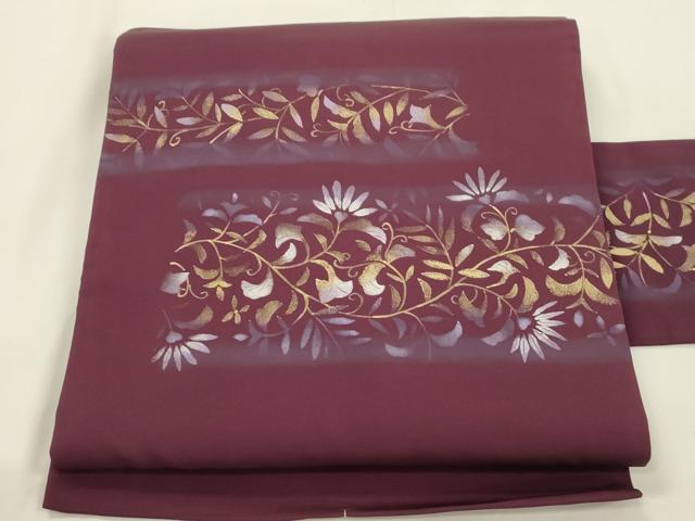 平和屋着物●塩瀬 九寸名古屋帯 手描き 草花文 金彩 正絹 逸品 CABK8436dy