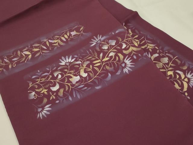 平和屋着物●塩瀬 九寸名古屋帯 手描き 草花文 金彩 正絹 逸品 CABK8436dy