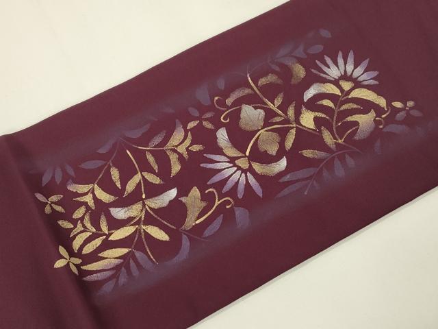 平和屋着物●塩瀬 九寸名古屋帯 手描き 草花文 金彩 正絹 逸品 CABK8436dy