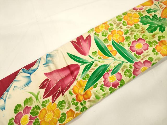 平和屋着物●アンティーク 大正ロマン 九寸名古屋帯 刺繍 草花文 金糸 正絹 逸品 CABK8442dy