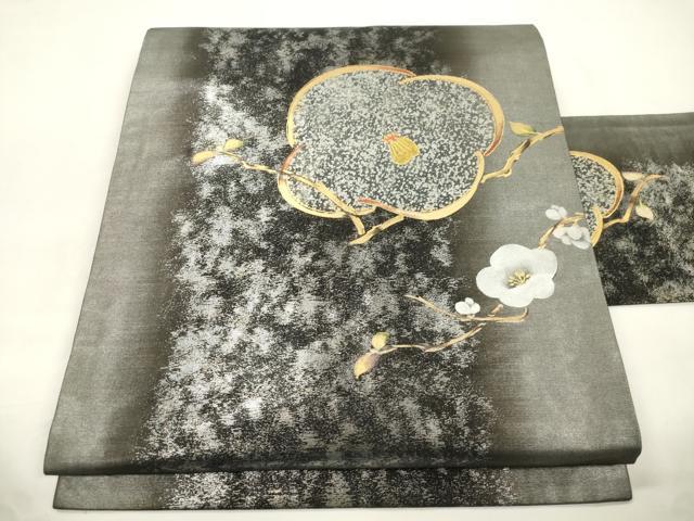 平和屋着物●九寸名古屋帯 枝梅文 黒地 金彩 引箔 正絹 逸品 CABK8452dy