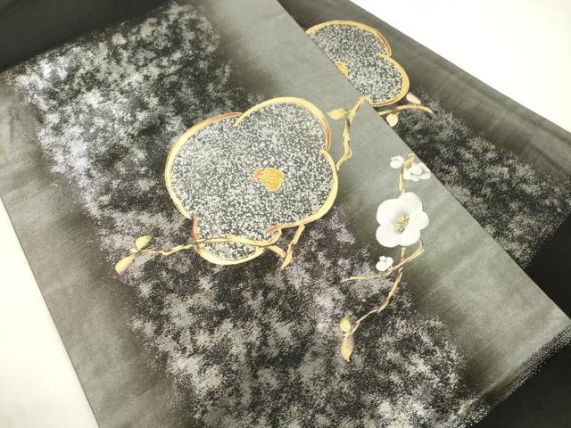 平和屋着物●九寸名古屋帯 枝梅文 黒地 金彩 引箔 正絹 逸品 CABK8452dy