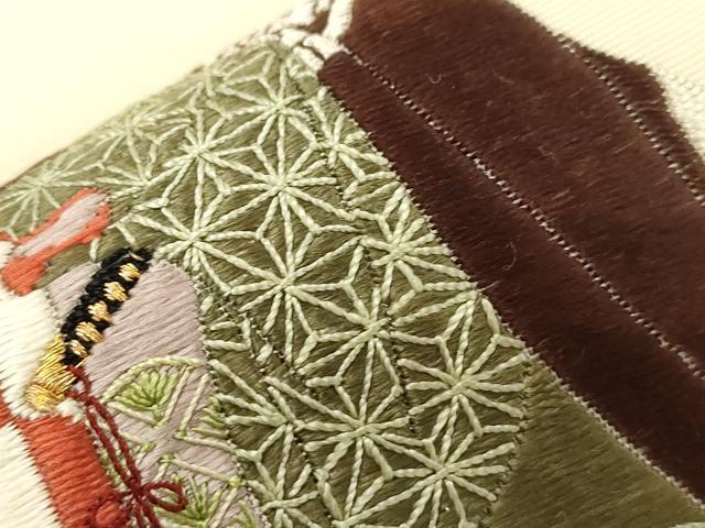 平和屋着物●塩瀬 九寸名古屋帯 作家物 総刺繍 人物文 金糸 正絹 逸品 CABK8456dy