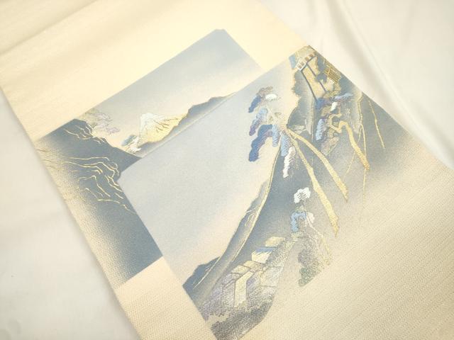 平和屋着物▼太鼓柄袋帯 作家物 刺繍 風景文 金銀彩 正絹 逸品 CABK8462dy