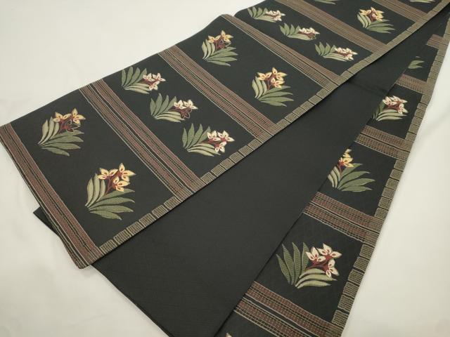 平和屋着物●全通柄袋帯 草花文 黒地 正絹 逸品 CABK8467dy