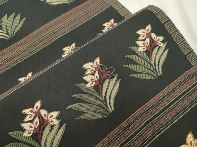 平和屋着物●全通柄袋帯 草花文 黒地 正絹 逸品 CABK8467dy