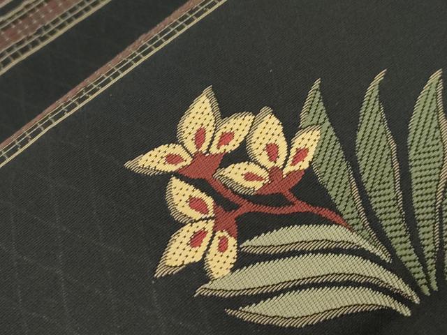 平和屋着物●全通柄袋帯 草花文 黒地 正絹 逸品 CABK8467dy