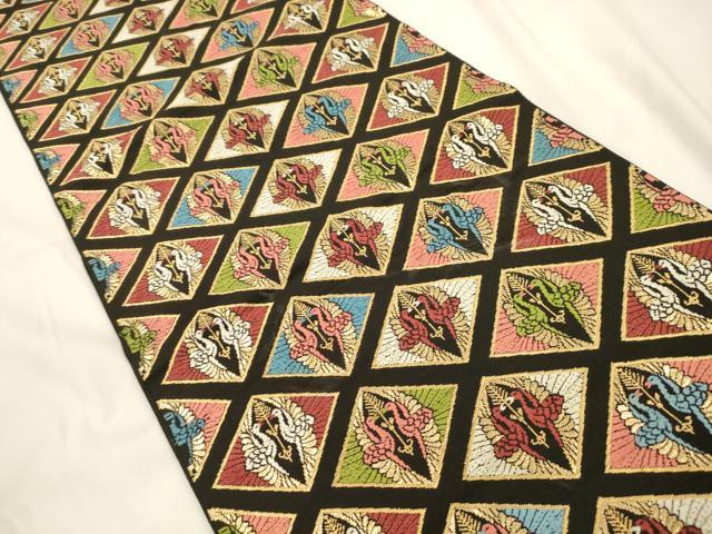 平和屋着物●六通柄 本袋帯 唐織 菱双鶴文 黒字 金糸 正絹 逸品 CABK8488dy