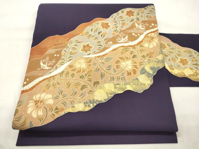 平和屋着物●塩瀬 九寸名古屋帯 切嵌更紗飛鶴文 金彩 正絹 逸品 CABK8524dy