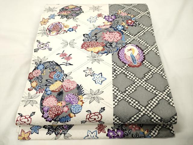 平和屋着物●全通柄 九寸開き名古屋帯 紅型 鶴 雪輪草花丸文 正絹 逸品 CABK8529dy