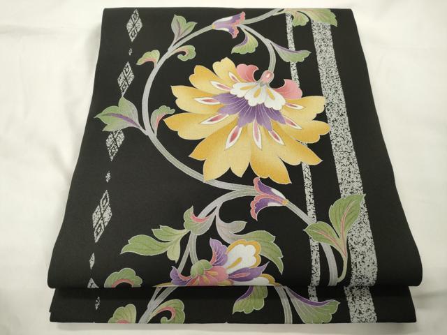 平和屋着物●九寸開き名古屋帯 更紗花文 黒地 正絹 逸品 CABK8537dy