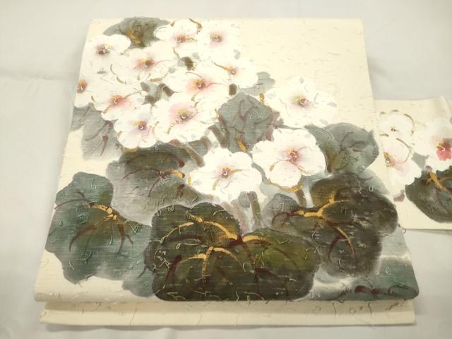 平和屋着物●九寸名古屋帯 手描き 髭紬 草花文 金彩 正絹 逸品 CABK8538dy