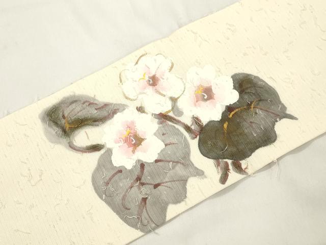 平和屋着物●九寸名古屋帯 手描き 髭紬 草花文 金彩 正絹 逸品 CABK8538dy