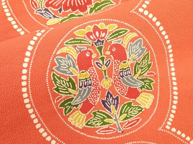 平和屋着物●全通柄九寸名古屋帯 型染め 花鳥文 鬼しぼ縮緬 正絹 逸品 CABK8550dy