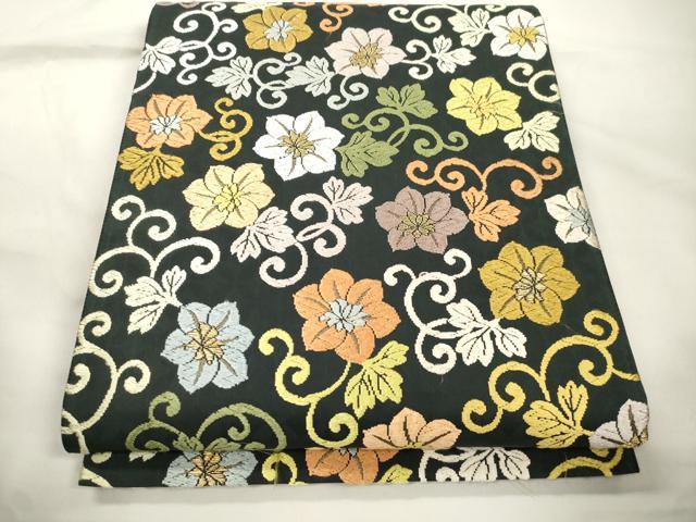 平和屋着物●六通柄袋帯 唐織 花唐草文 黒地 正絹 逸品 CABK8573dy