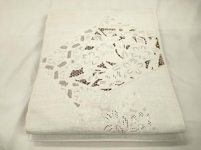 平和屋着物●中国三大刺繍 スワトウ刺繍 相良刺繍 総刺繍 太鼓柄袋帯 紬地 切嵌草花文 正絹 逸品 CABK8577dy
