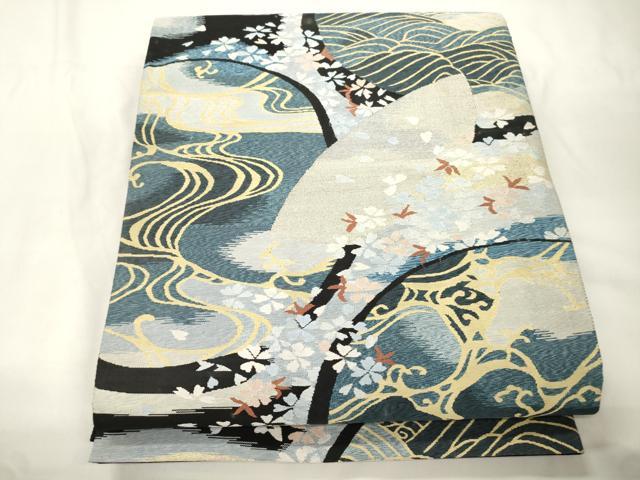 平和屋着物●爪掻き本綴れ 六通柄袋帯 立波舞花文 黒地 正絹 逸品 CABK8578dy