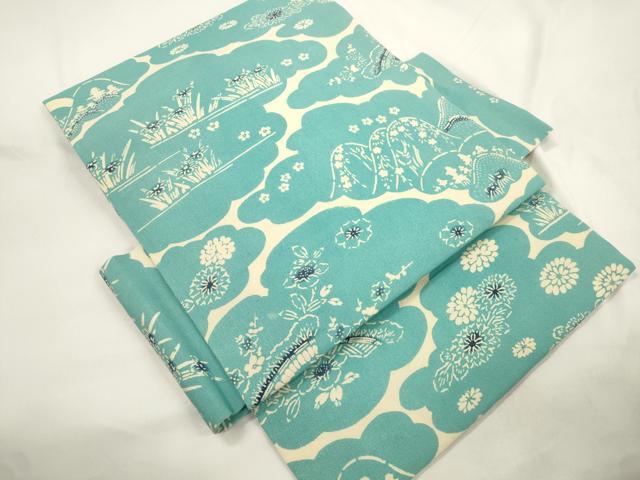平和屋着物●つけ帯 型染め 遠山草花文 正絹 逸品 CABK8590dy