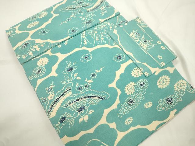 平和屋着物●つけ帯 型染め 遠山草花文 正絹 逸品 CABK8590dy