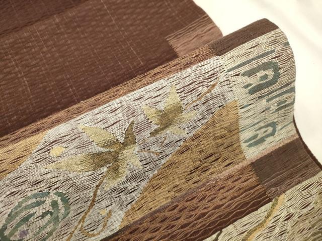 平和屋着物▽太鼓柄袋帯 スリーシーズン 春夏秋 櫛織 流水草花文 正絹 逸品 CABK8597dy