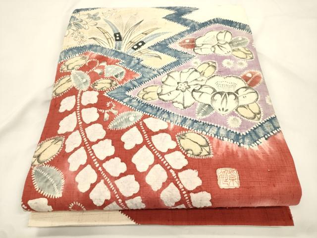 平和屋着物●六通柄袋帯 作家物 辻が花 紬地 絞り 正絹 逸品 CABK8619dy