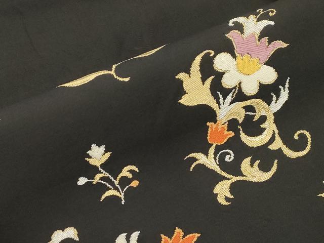 平和屋着物●九寸名古屋帯 草花文 黒地 金銀糸 正絹 逸品 CABK8642dy